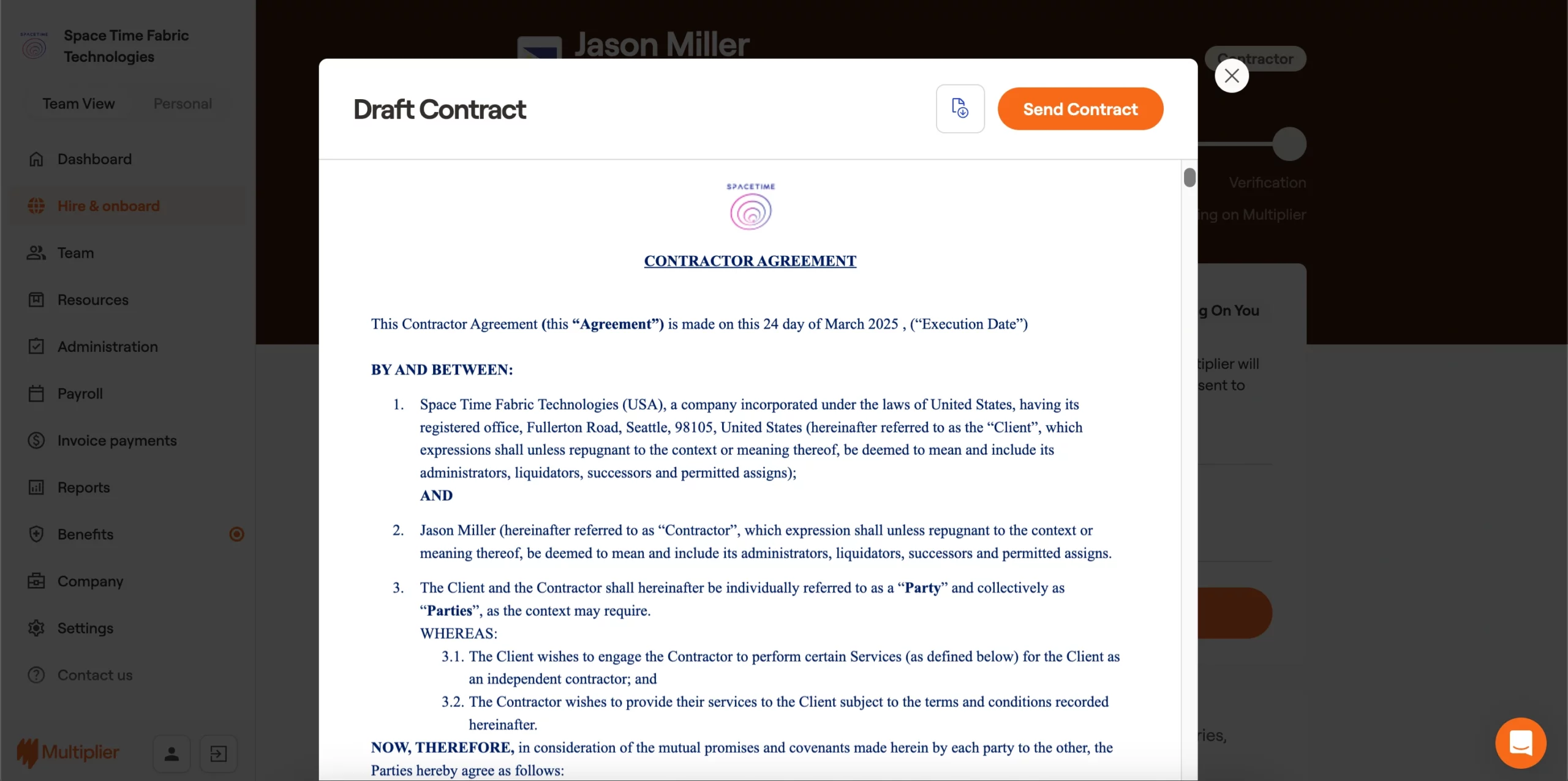 Contract sent to the contractor for onboarding in the Philippines.